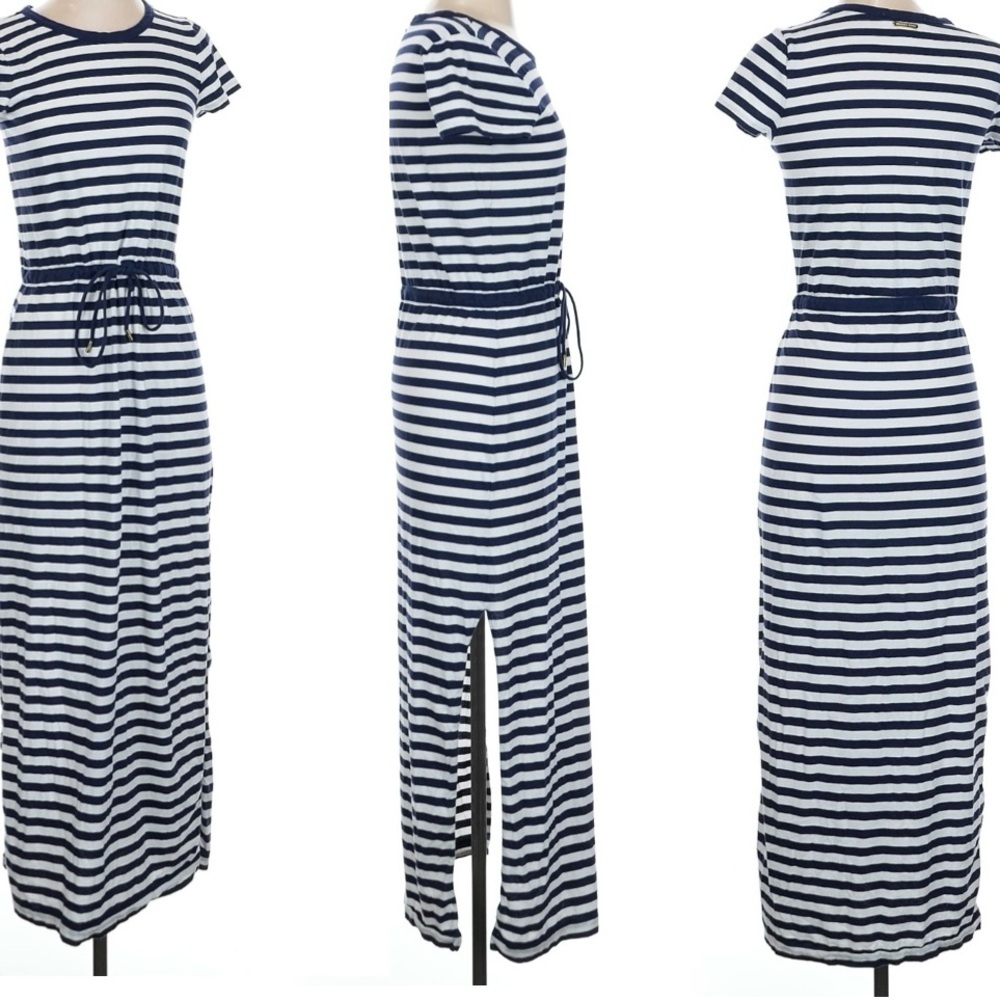 M1 Michael Kors Black White Stripe T- Shirt Long Dress Side Slit Petiteโ XS-S